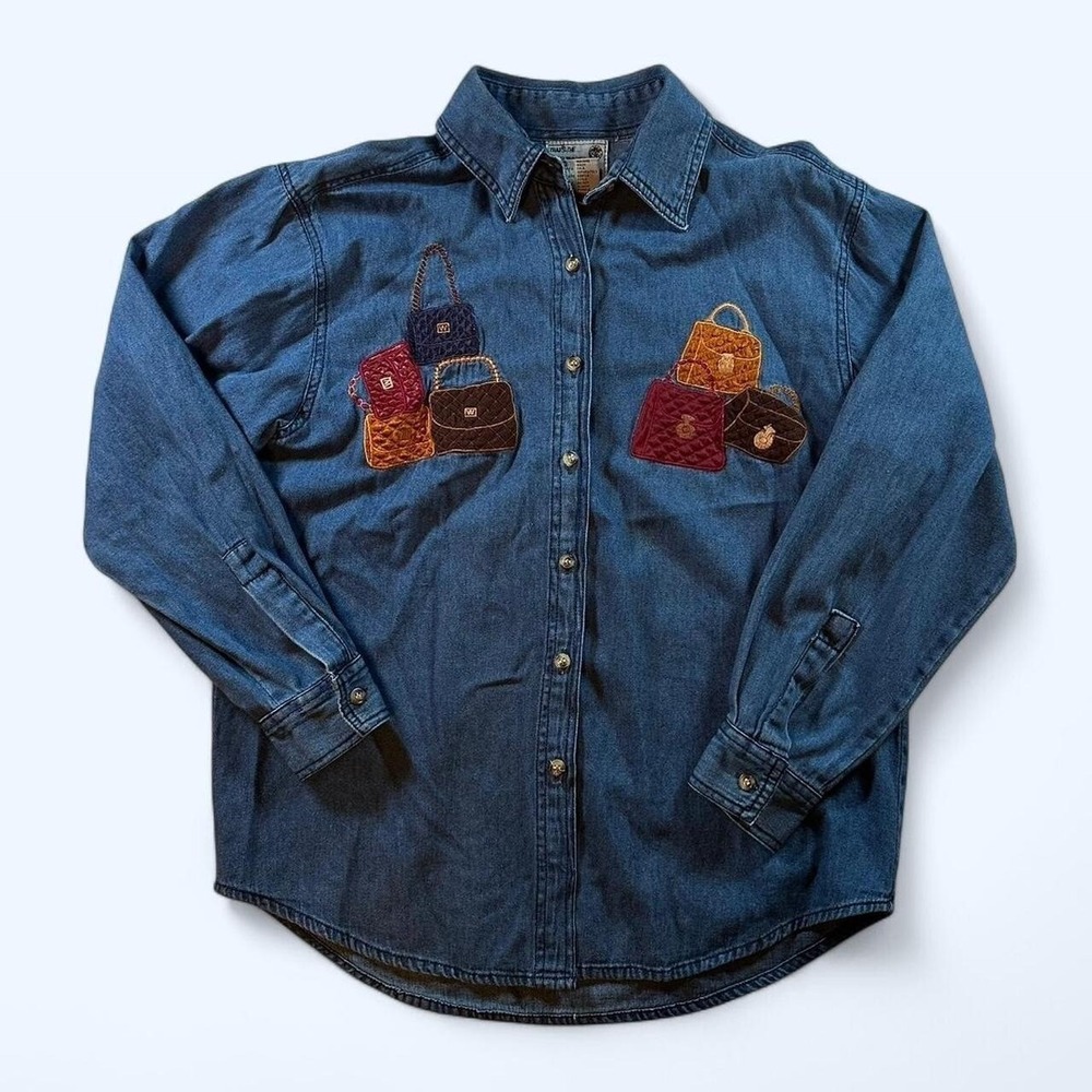 Vintage 90s Button Up Collared Denim Shirt Women's 90s Embroiderd Shirt
